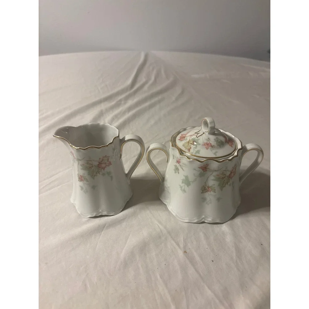 hutschenreuther Cream and Sugar Set OS White Pink Gold Autumn Leaf Scalloped